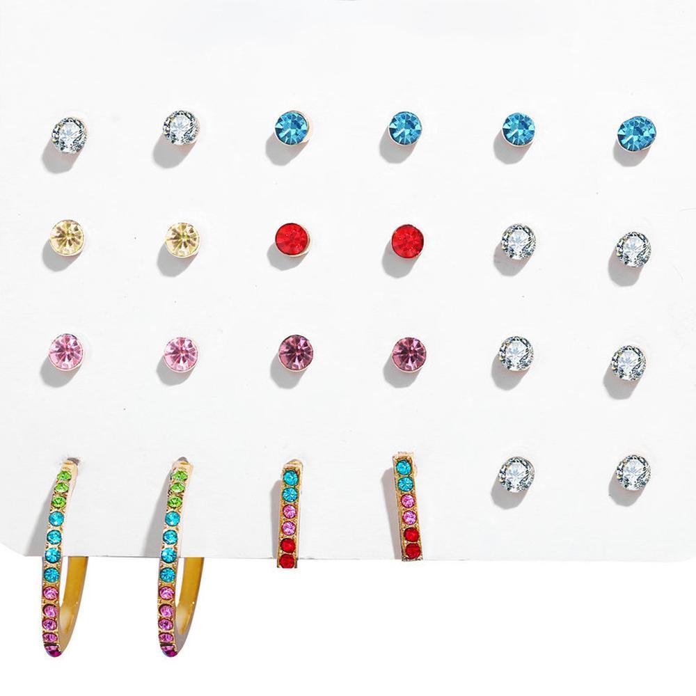 A beautiful 12 piece rainbow earring set featuring 18K white gold plating and vibrant Austrian crystals, showcasing a variety of colorful designs.