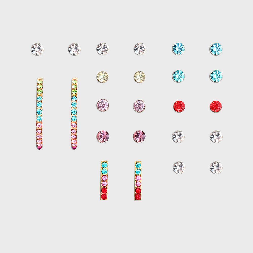 A beautiful 12 piece rainbow earring set featuring 18K white gold plating and vibrant Austrian crystals, showcasing a variety of colorful designs.