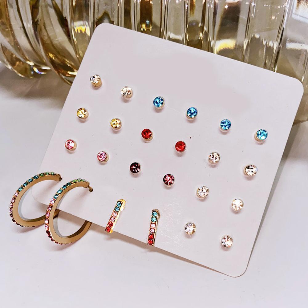 A beautiful 12 piece rainbow earring set featuring 18K white gold plating and vibrant Austrian crystals, showcasing a variety of colorful designs.