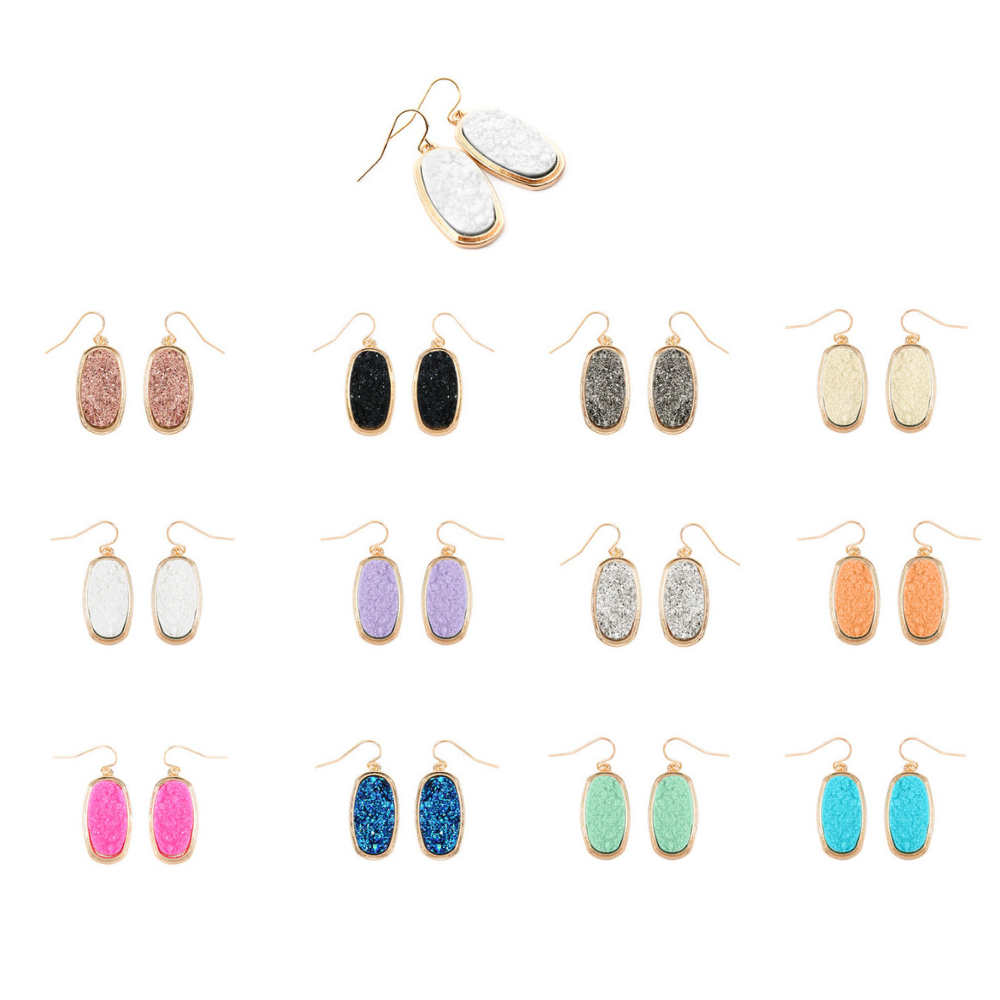 A pair of 1.25 inches oval druzy dangling drop hook earrings in various colors, showcasing their sparkling texture and elegant design.