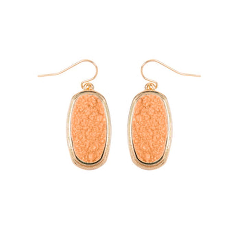 A pair of 1.25 inches oval druzy dangling drop hook earrings in various colors, showcasing their sparkling texture and elegant design.