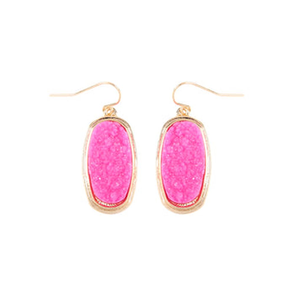 A pair of 1.25 inches oval druzy dangling drop hook earrings in various colors, showcasing their sparkling texture and elegant design.