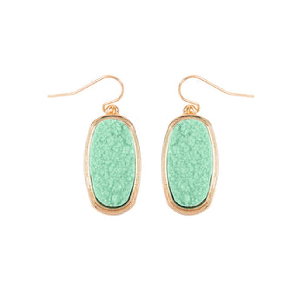 A pair of 1.25 inches oval druzy dangling drop hook earrings in various colors, showcasing their sparkling texture and elegant design.