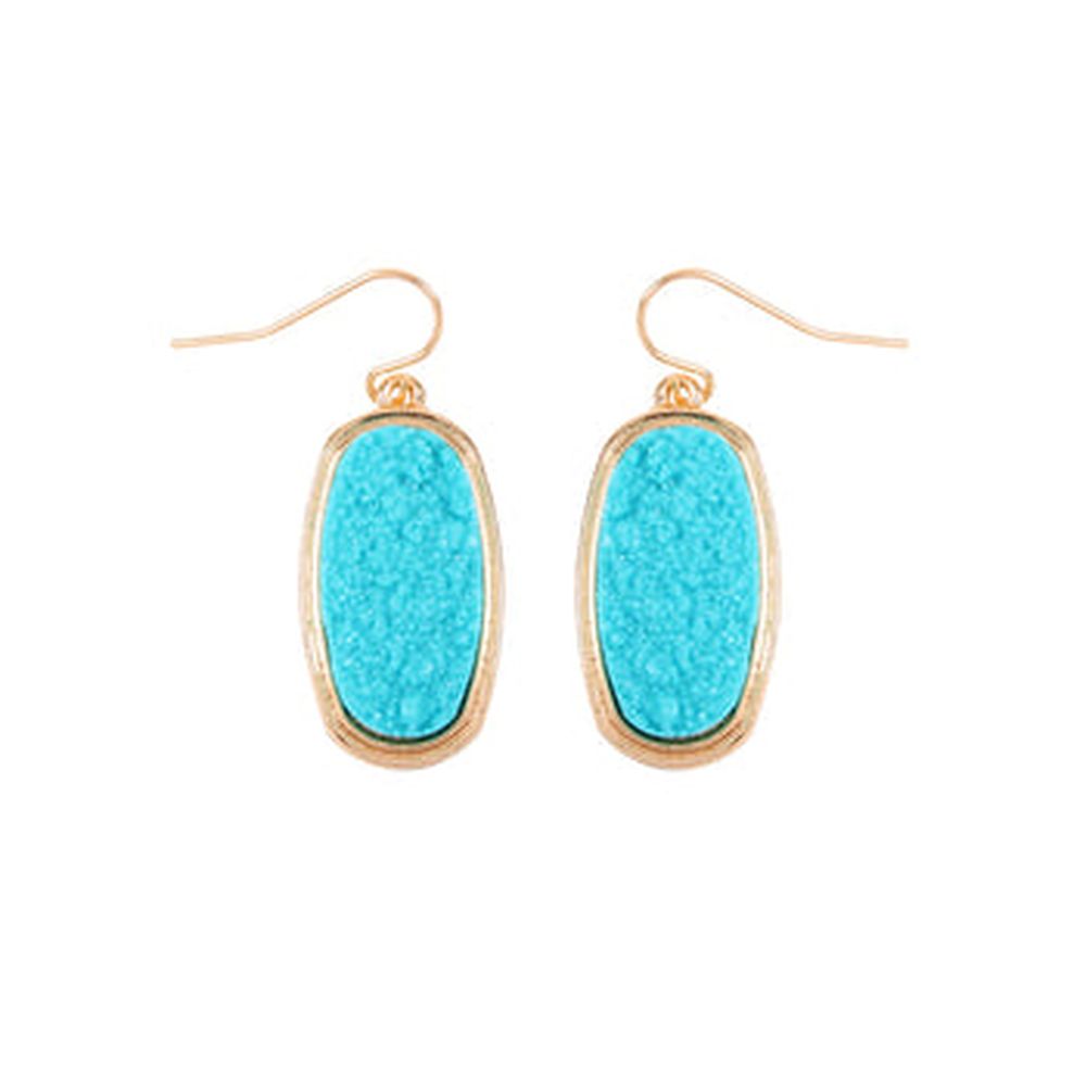 A pair of 1.25 inches oval druzy dangling drop hook earrings in various colors, showcasing their sparkling texture and elegant design.