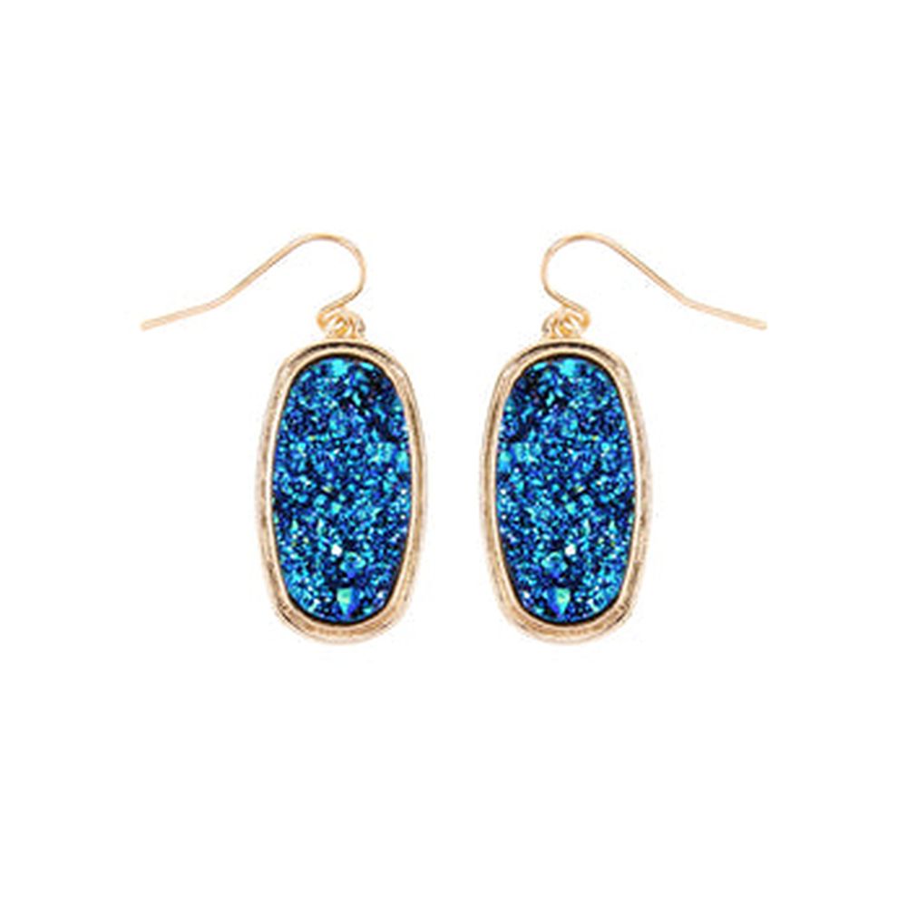 A pair of 1.25 inches oval druzy dangling drop hook earrings in various colors, showcasing their sparkling texture and elegant design.