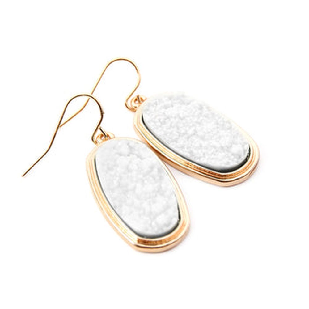 A pair of 1.25 inches oval druzy dangling drop hook earrings in various colors, showcasing their sparkling texture and elegant design.