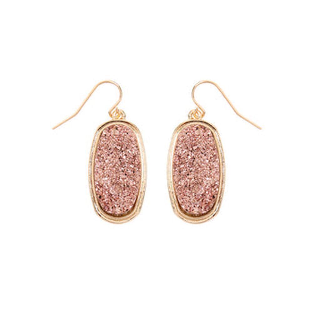 A pair of 1.25 inches oval druzy dangling drop hook earrings in various colors, showcasing their sparkling texture and elegant design.