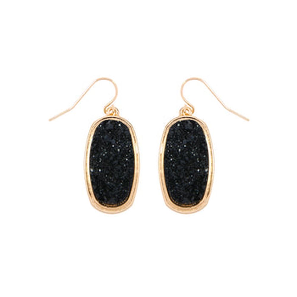 A pair of 1.25 inches oval druzy dangling drop hook earrings in various colors, showcasing their sparkling texture and elegant design.