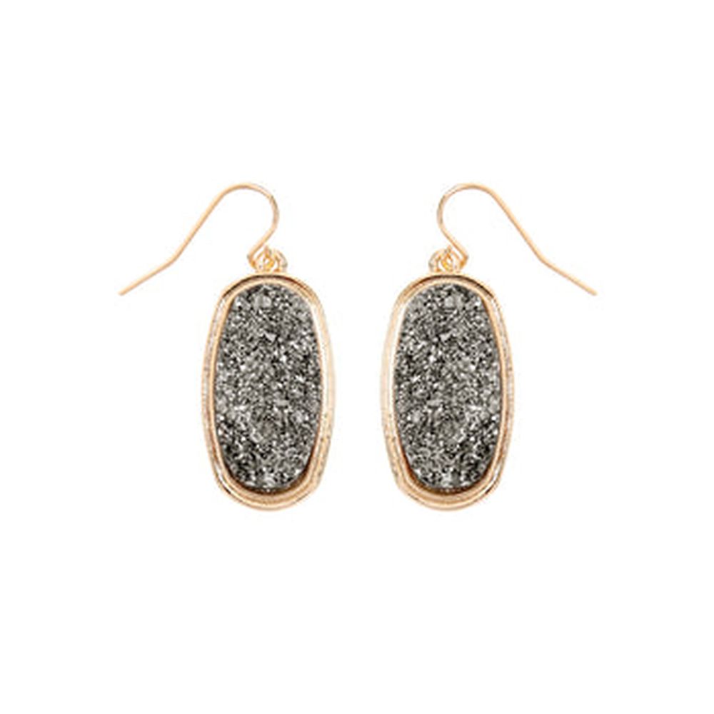 A pair of 1.25 inches oval druzy dangling drop hook earrings in various colors, showcasing their sparkling texture and elegant design.