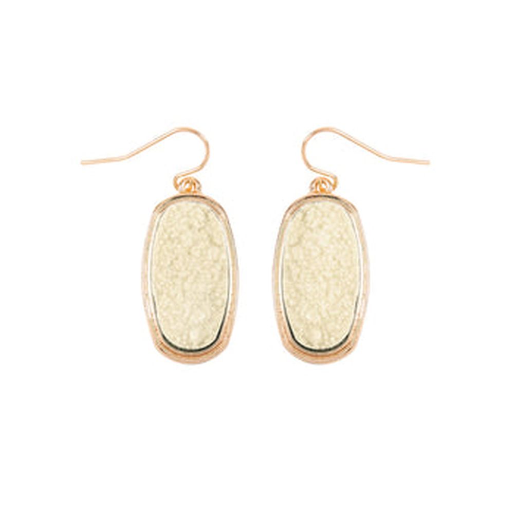A pair of 1.25 inches oval druzy dangling drop hook earrings in various colors, showcasing their sparkling texture and elegant design.