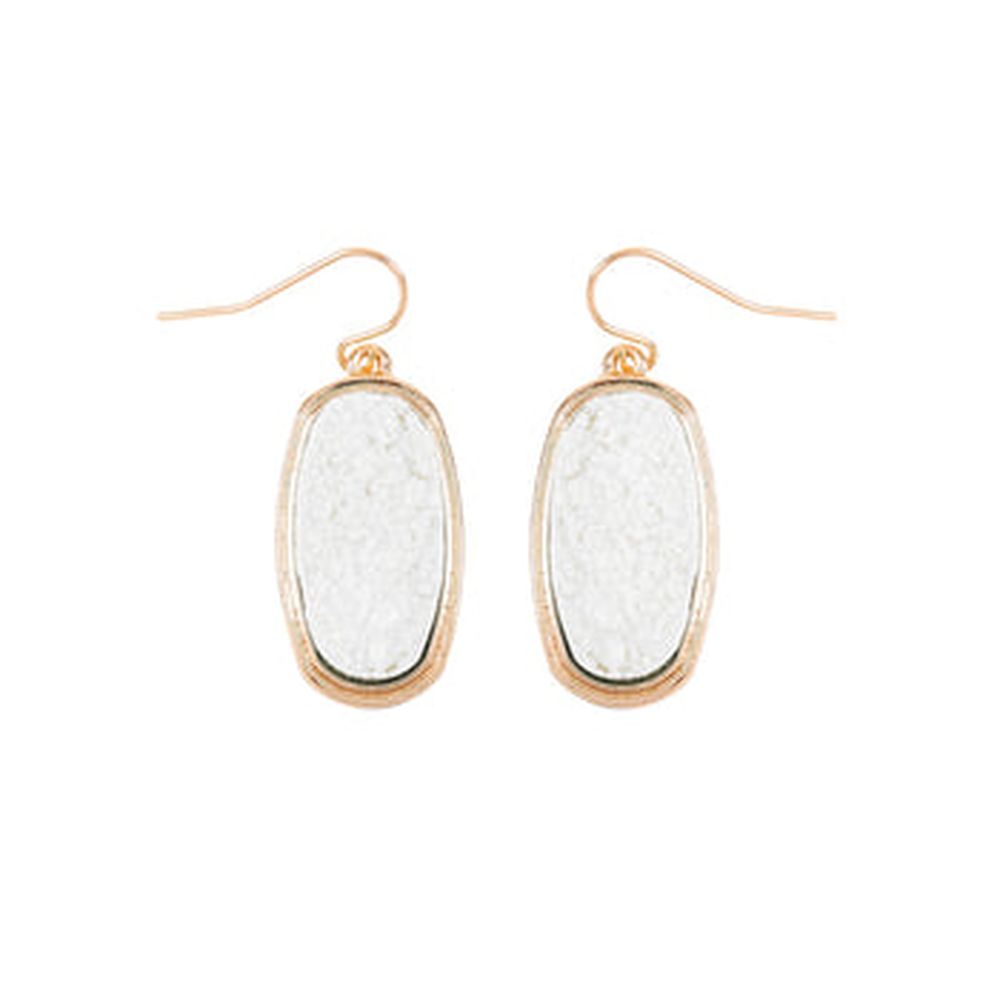 A pair of 1.25 inches oval druzy dangling drop hook earrings in various colors, showcasing their sparkling texture and elegant design.