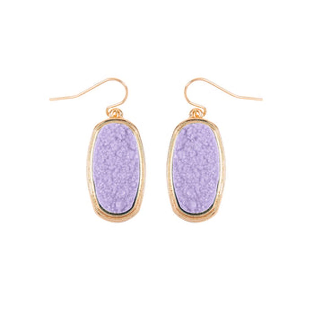 A pair of 1.25 inches oval druzy dangling drop hook earrings in various colors, showcasing their sparkling texture and elegant design.