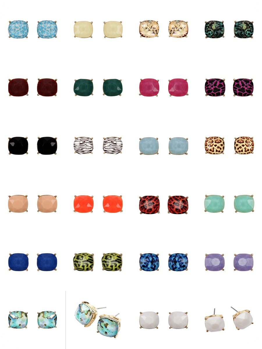 A pair of 12mm Cushion Cut Post Stud Earrings in various colors, showcasing their elegant design and sparkling finish.