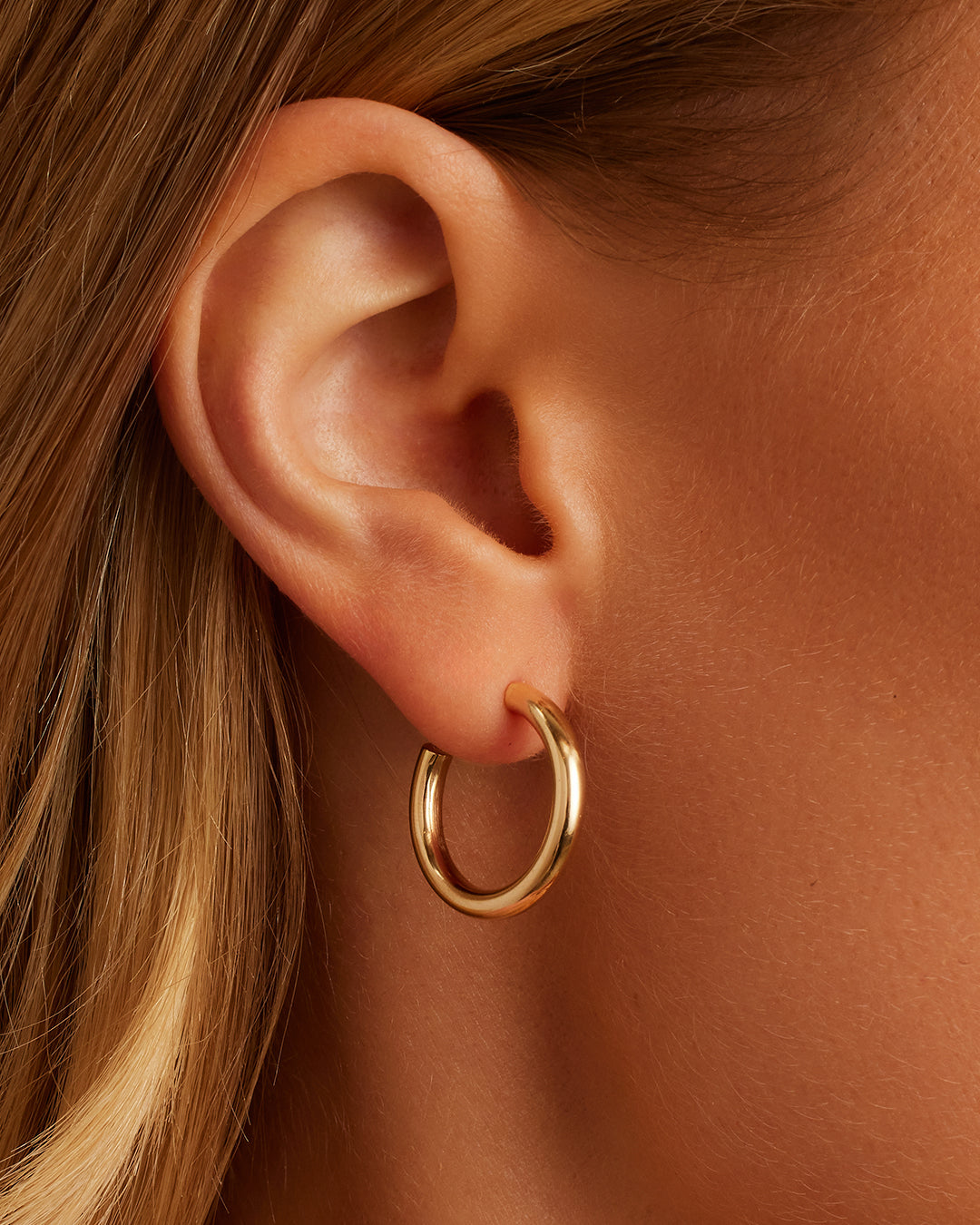 Elegant 14k Gold Carter Hoops showcasing a classic design, perfect for any outfit.