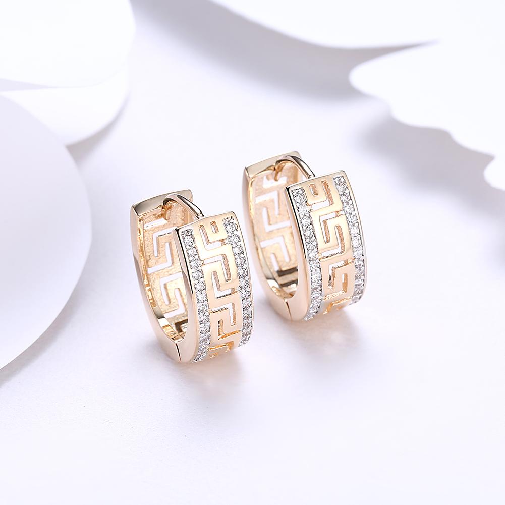 Elegant 14K Gold Plated Roman Ingrain Pave Huggie Earrings featuring Austrian elements, showcasing a luxurious design.