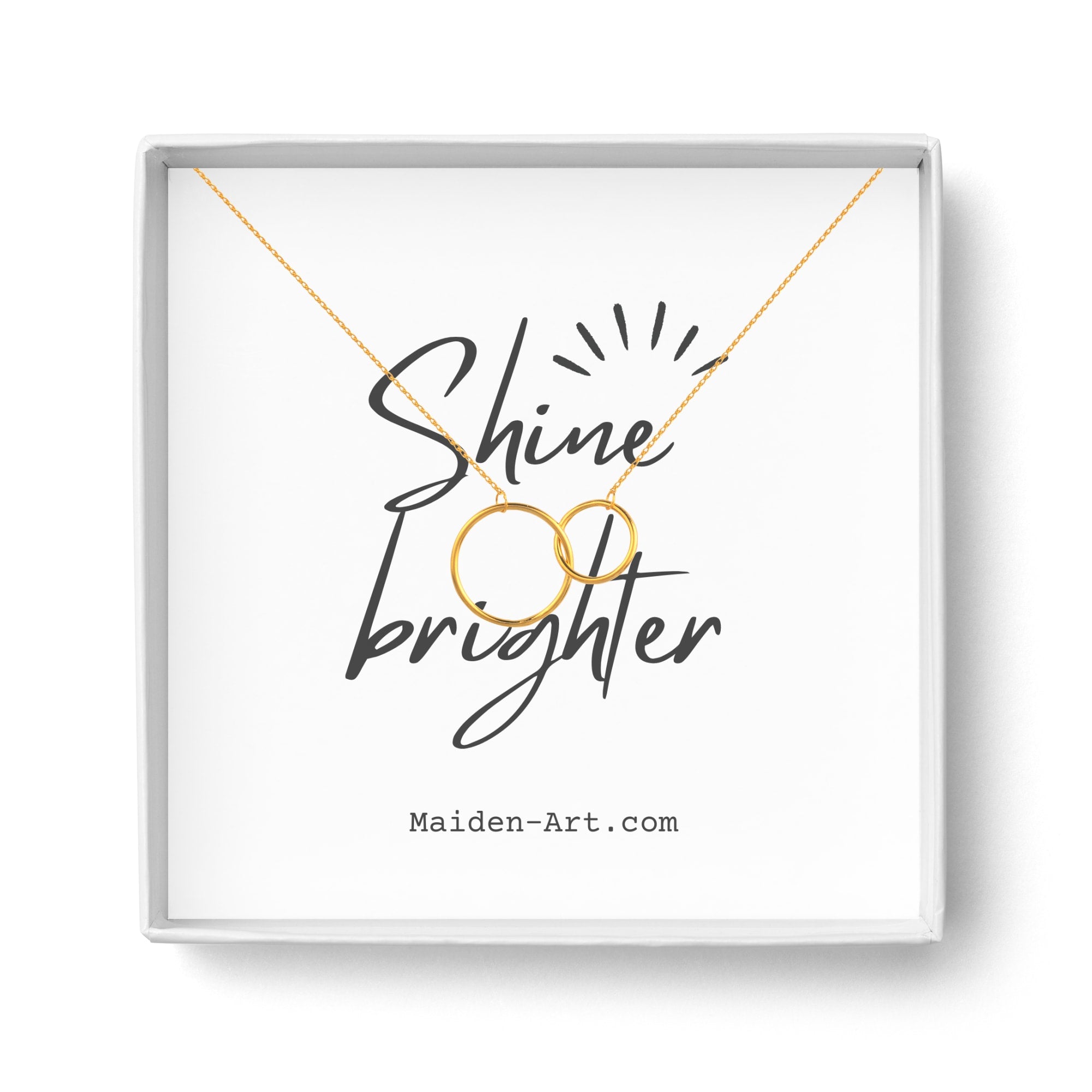 14K Gold Plated Two Circle Interlocking Pendant Necklace on a white background, showcasing its elegant design and craftsmanship.