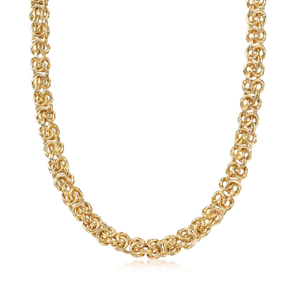 14K Gold Plating Classic Byzantine Thick Cut Chain Necklace showcasing intricate links and a luxurious finish in gold and silver options.