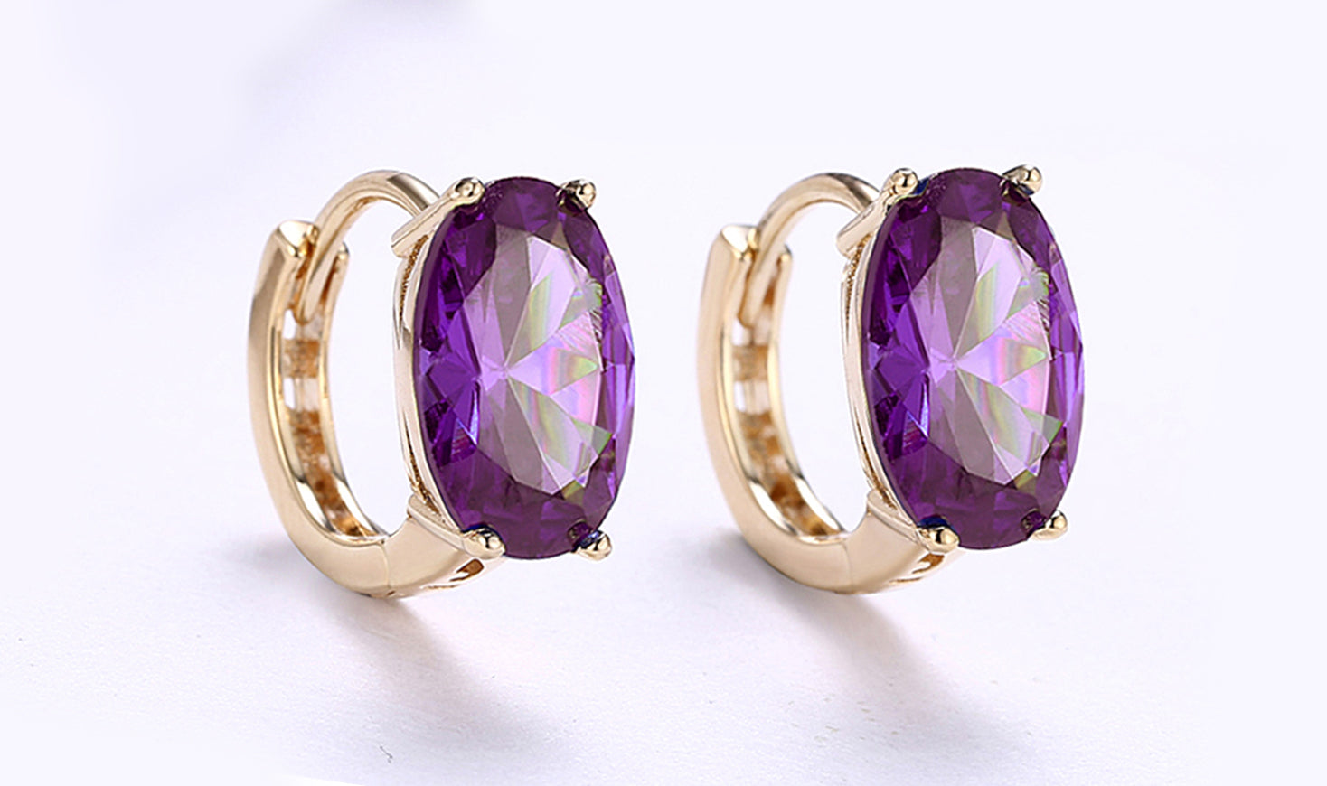 Elegant 14K Gold Plating Large Diamond Cut Clip On Earrings in purple and blue options, showcasing their luxurious design and craftsmanship.