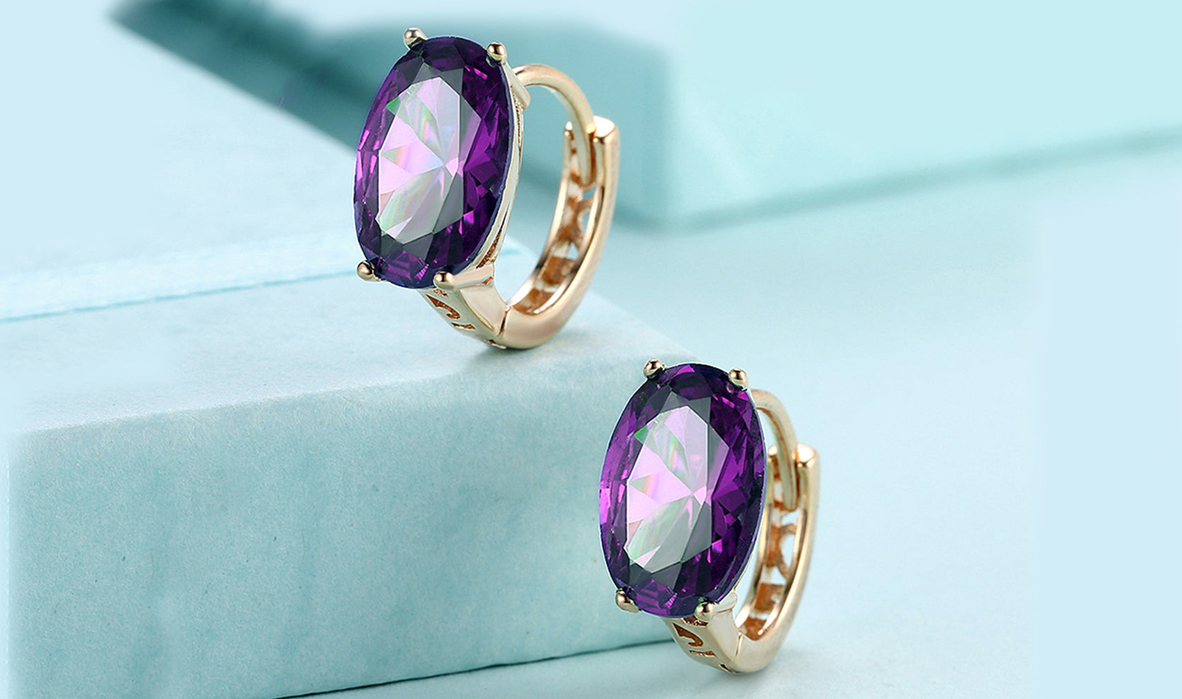 Elegant 14K Gold Plating Large Diamond Cut Clip On Earrings in purple and blue options, showcasing their luxurious design and craftsmanship.