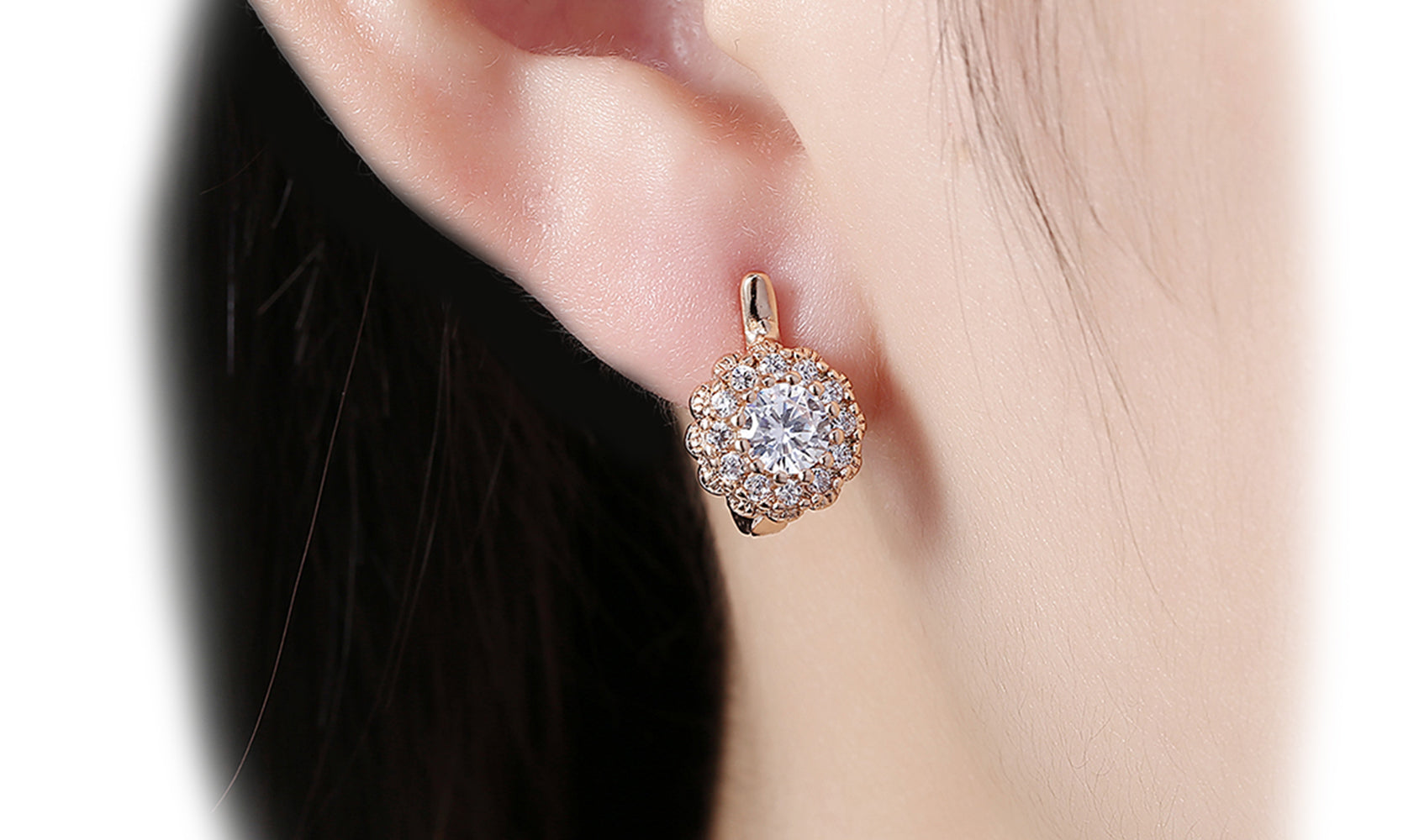 14K Gold Plating Large Floral White Sapphire Pav'e Huggies featuring a floral design with sparkling white sapphires, perfect for elegant occasions.