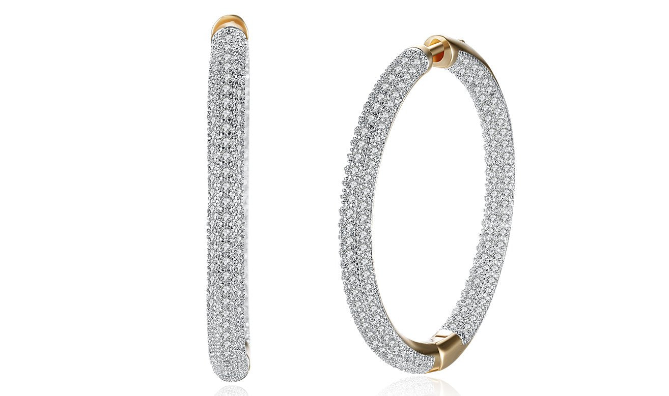 Elegant 14K Gold Plating Circular Hoop Earrings with pav'e detailing, inspired by London fashion, available in gold and white gold.