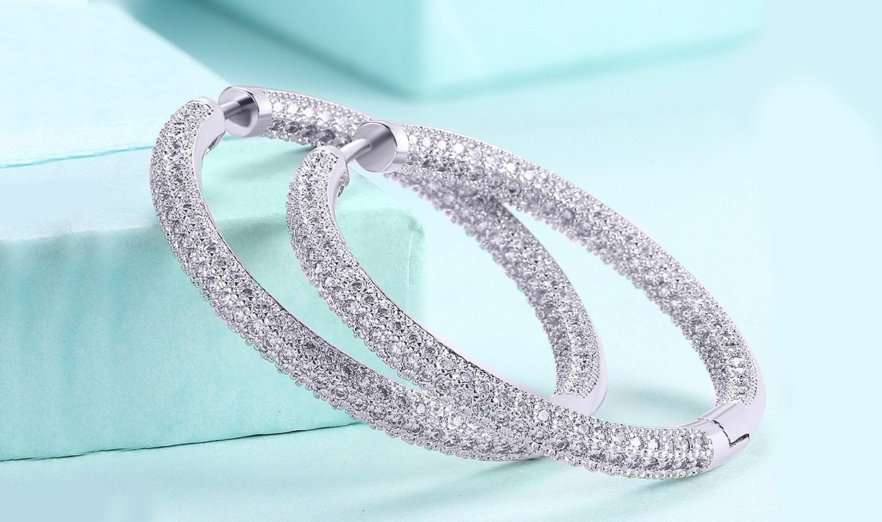 Elegant 14K Gold Plating Circular Hoop Earrings with pav'e detailing, inspired by London fashion, available in gold and white gold.