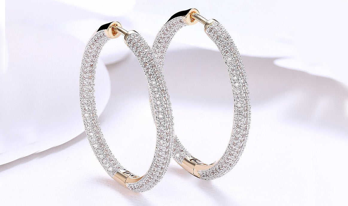 Elegant 14K Gold Plating Circular Hoop Earrings with pav'e detailing, inspired by London fashion, available in gold and white gold.