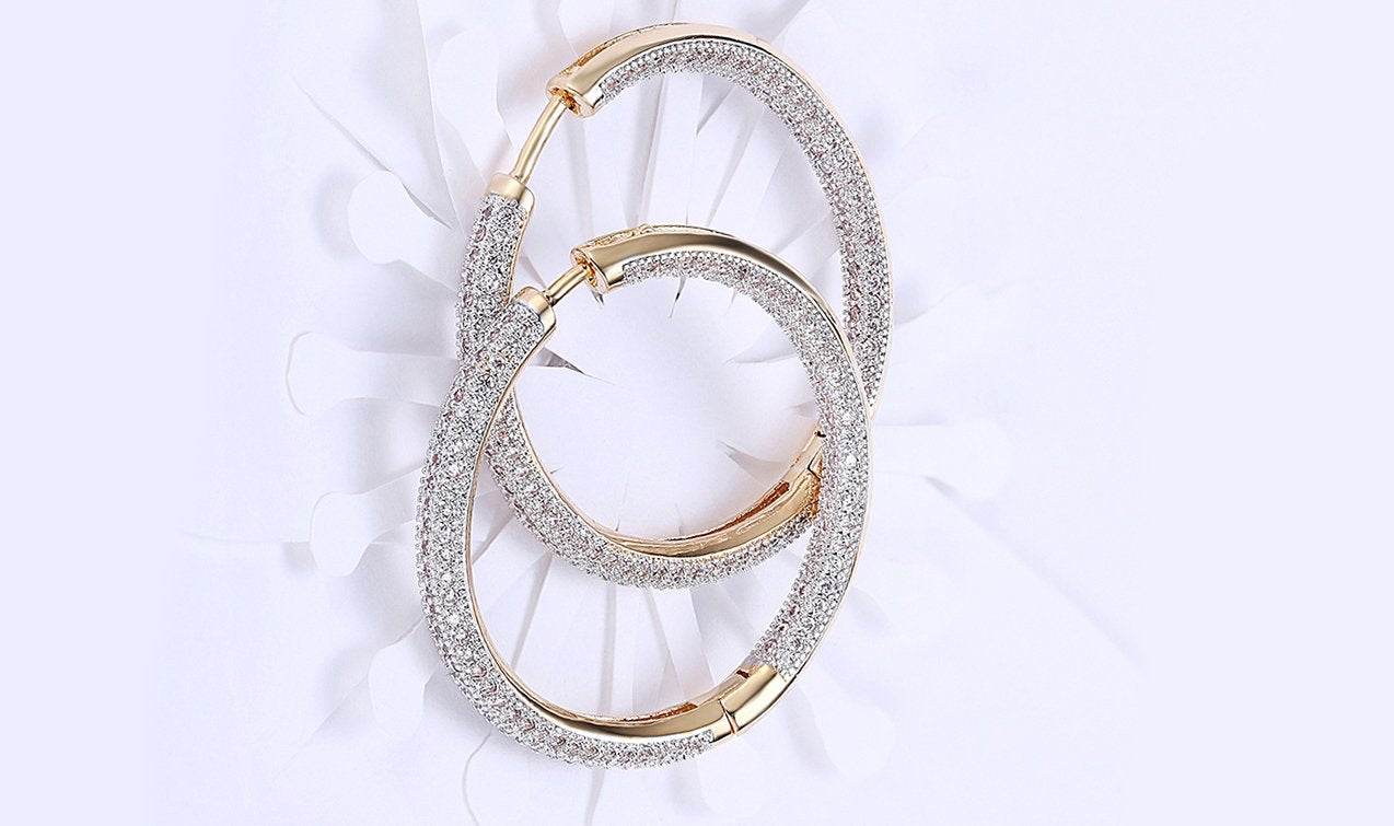Elegant 14K Gold Plating Circular Hoop Earrings with pav'e detailing, inspired by London fashion, available in gold and white gold.