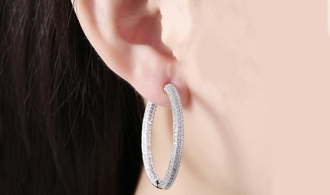 Elegant 14K Gold Plating Circular Hoop Earrings with pav'e detailing, inspired by London fashion, available in gold and white gold.