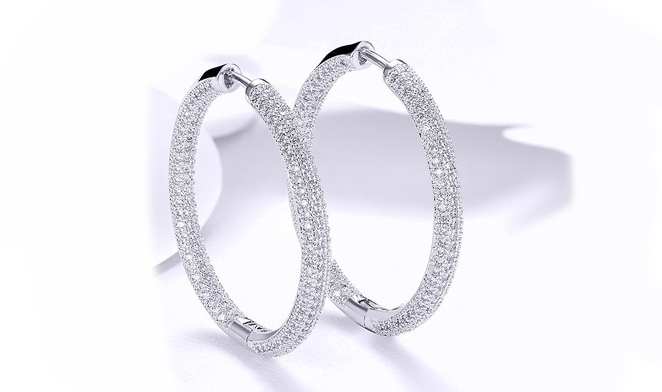 Elegant 14K Gold Plating Circular Hoop Earrings with pav'e detailing, inspired by London fashion, available in gold and white gold.