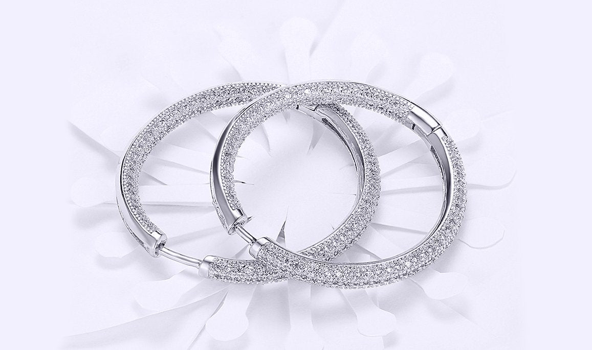 Elegant 14K Gold Plating Circular Hoop Earrings with pav'e detailing, inspired by London fashion, available in gold and white gold.