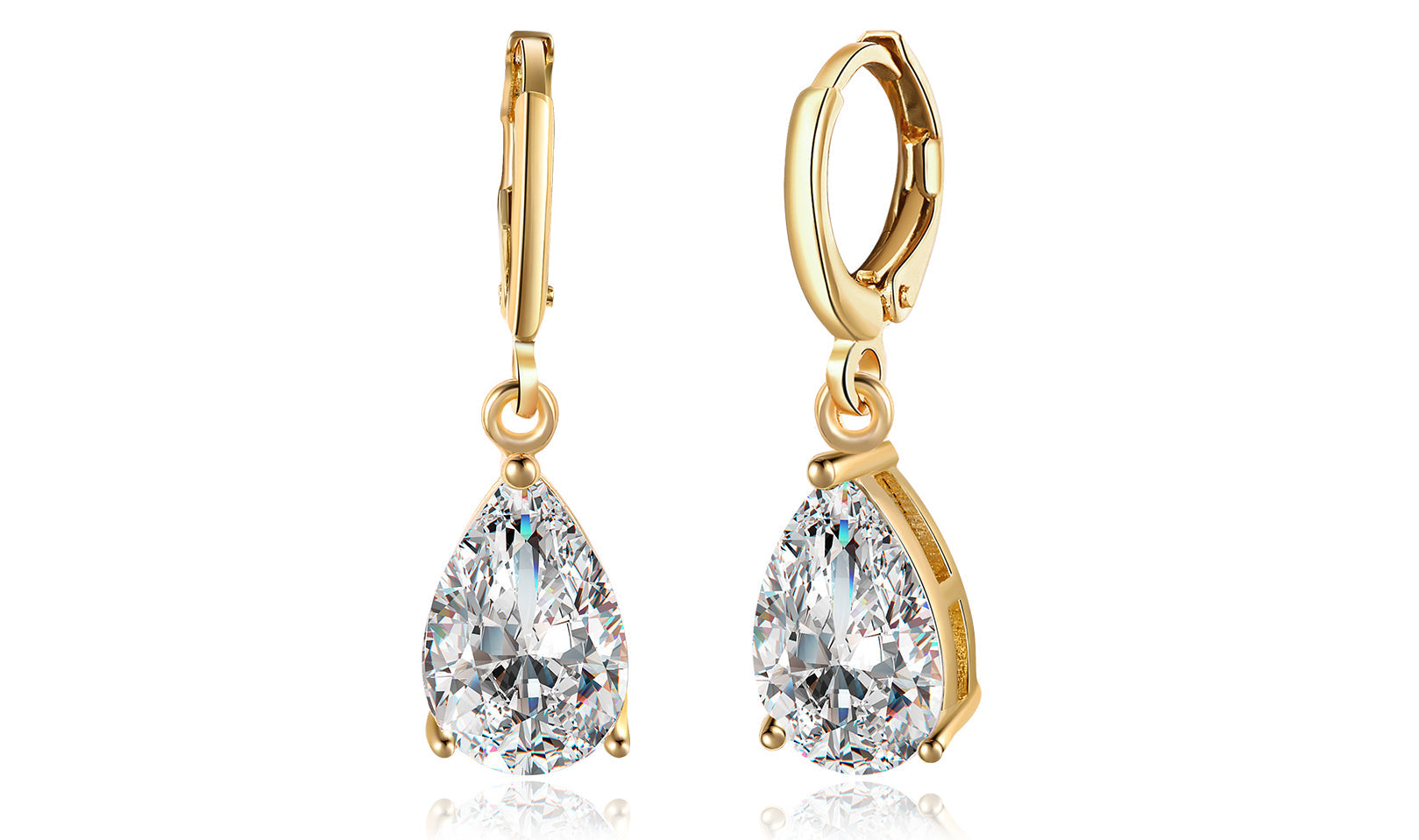 Elegant 14K gold plated pear cut drop earrings in blue, purple, and white options, showcasing their sleek design and high-quality craftsmanship.