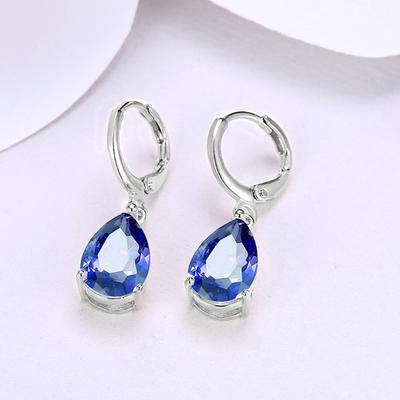 Elegant 14K gold plated pear cut drop earrings in blue, purple, and white options, showcasing their sleek design and high-quality craftsmanship.