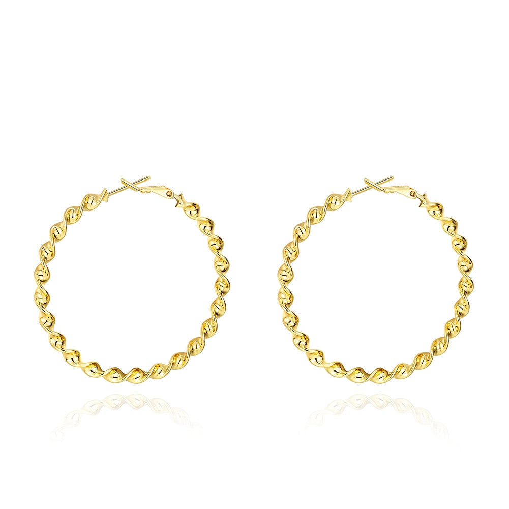 A pair of elegant 14K gold plated twisted abstract hoop earrings, showcasing their unique design and shiny finish.