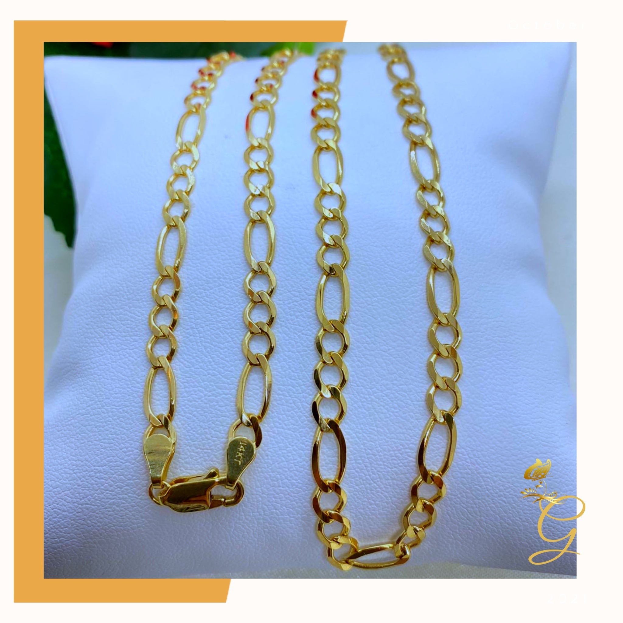 14K Real Solid Gold Figaro Chain for men, 24 inches long and 4.7MM wide, showcasing its elegant design and solid gold construction.