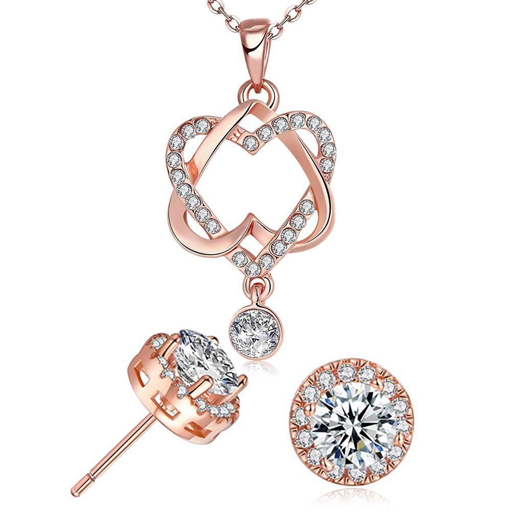 14K rose gold plated interlocking heart necklace and earrings set featuring white crystals in princess cut, elegantly displayed.