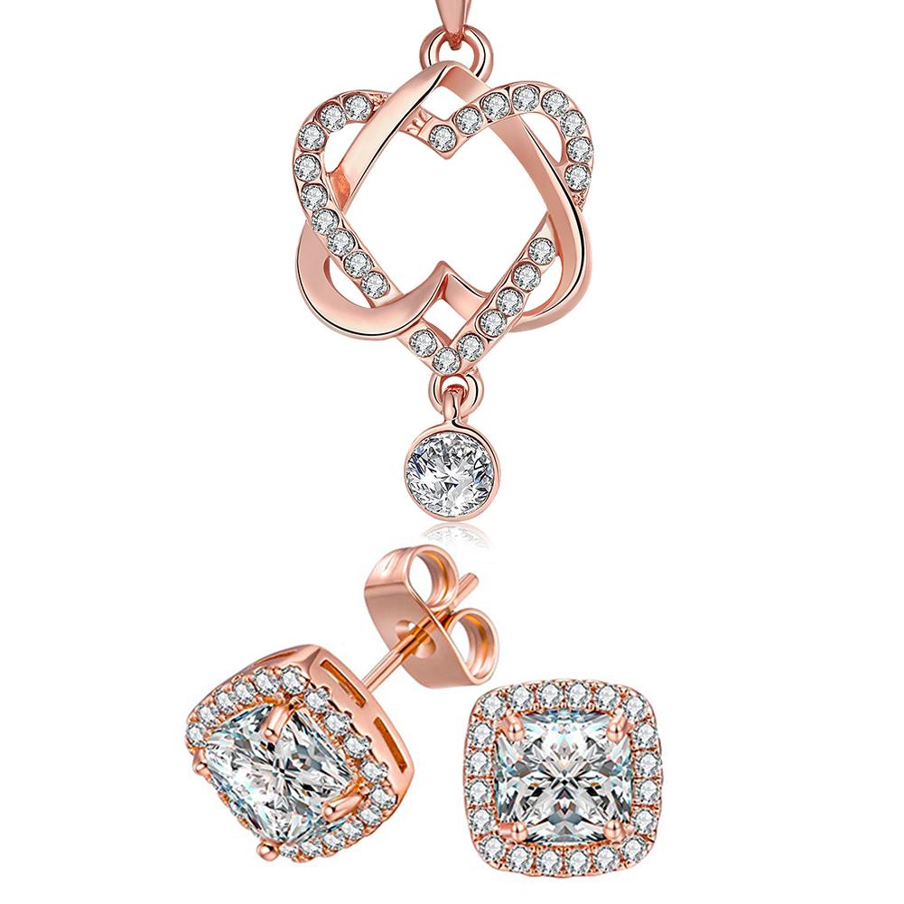 14K rose gold plated interlocking heart necklace and earrings set featuring white crystals in princess cut, elegantly displayed.