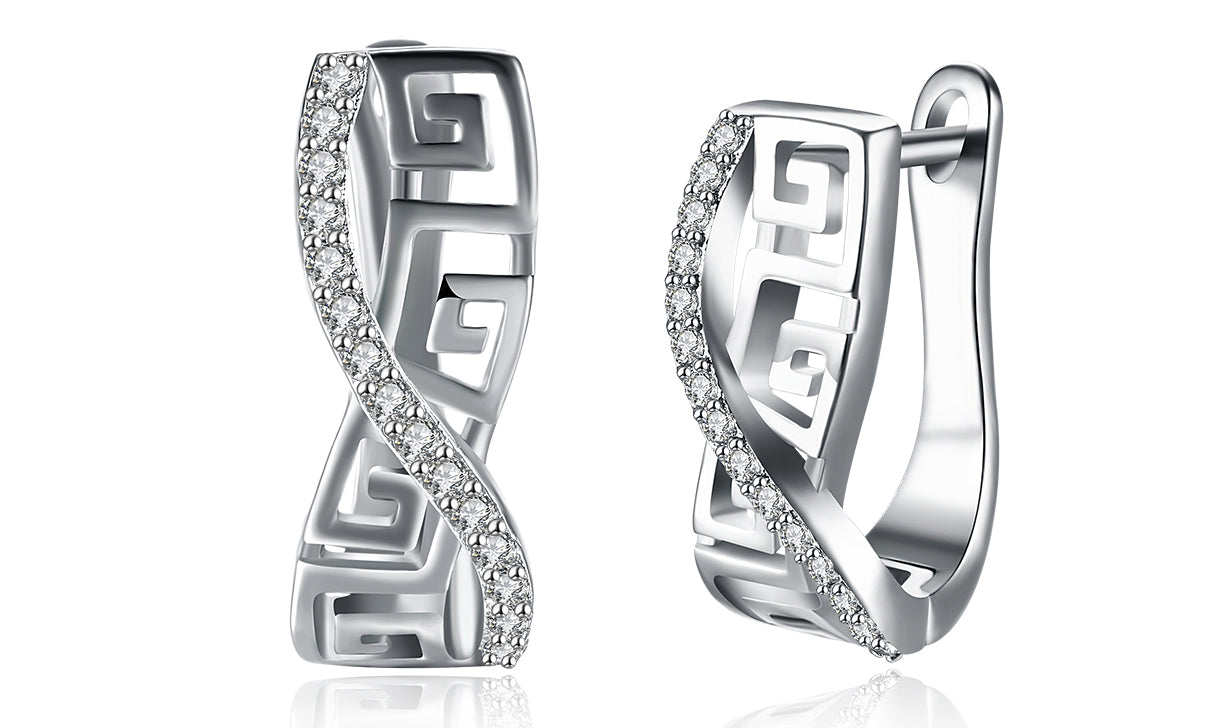 Elegant 14K white gold plated curved hinged earrings featuring a Greek key design with white Elements stones.