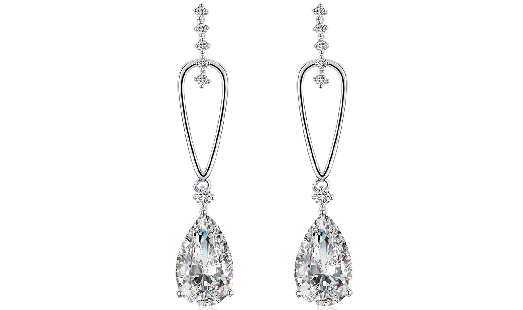 Elegant 14K white gold plated dangling earrings featuring pear cut white sapphires, showcasing their stunning design and craftsmanship.