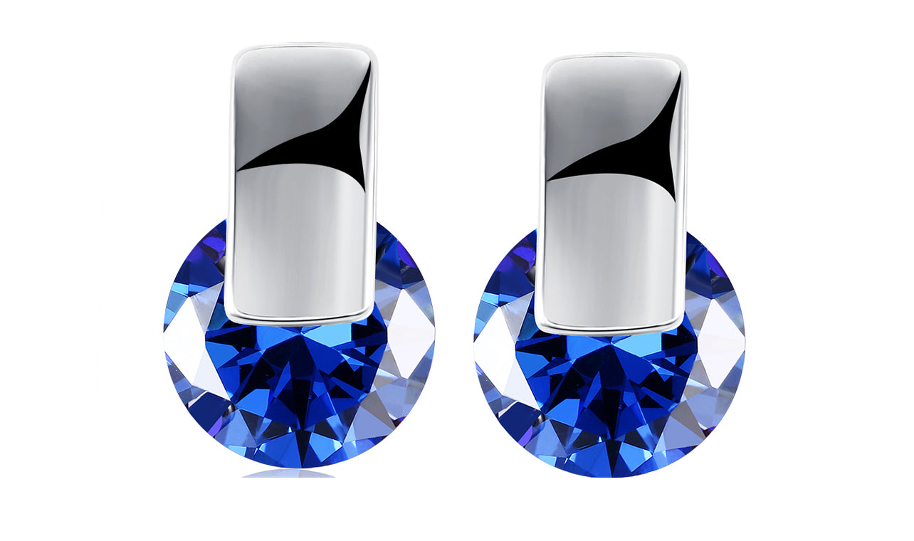 Elegant 14K white gold plated earrings featuring sleek blue elements and diamond cut stones, perfect for any occasion.