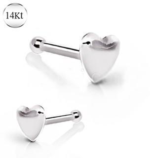 14Kt white gold stud nose ring featuring a heart design, approximately 4 mm wide, showcasing luxury and elegance.