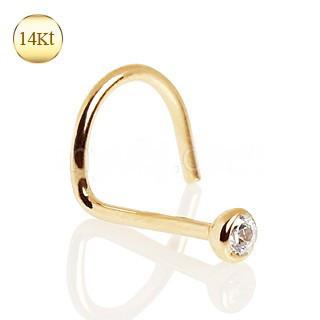 14Kt yellow gold screw nose ring featuring a 2mm press fit cubic zirconia, showcasing a luxurious and elegant design.