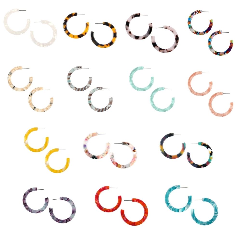 A pair of 1.5-inch colorful post hoop resin earrings in various vibrant colors, showcasing their lightweight and stylish design.