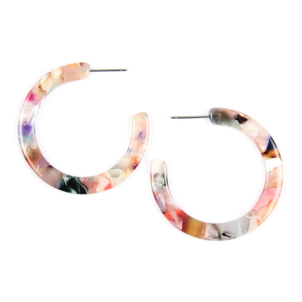 A pair of 1.5-inch colorful post hoop resin earrings in various vibrant colors, showcasing their lightweight and stylish design.