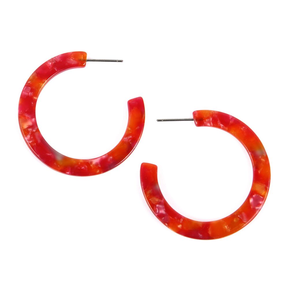 A pair of 1.5-inch colorful post hoop resin earrings in various vibrant colors, showcasing their lightweight and stylish design.