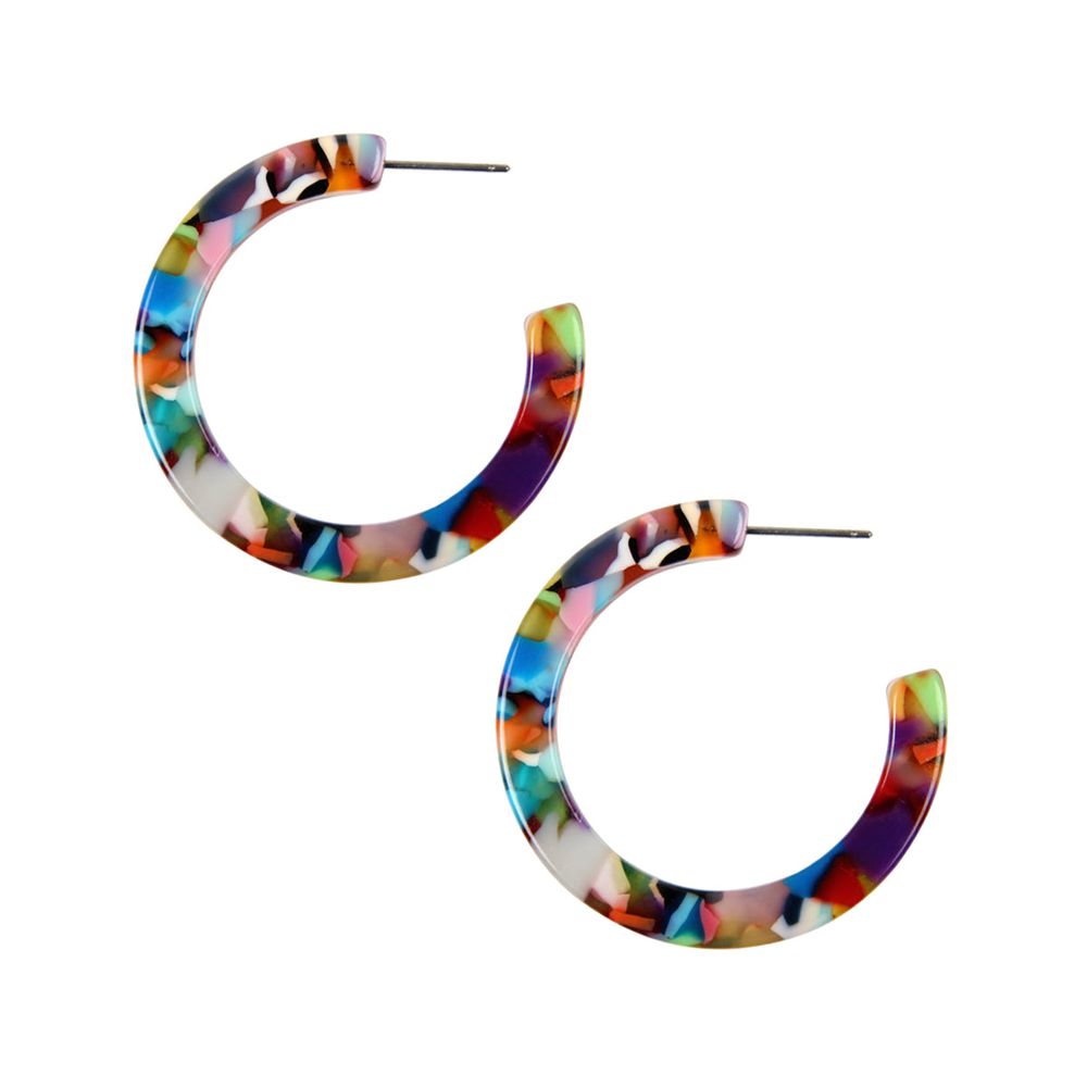 A pair of 1.5-inch colorful post hoop resin earrings in various vibrant colors, showcasing their lightweight and stylish design.
