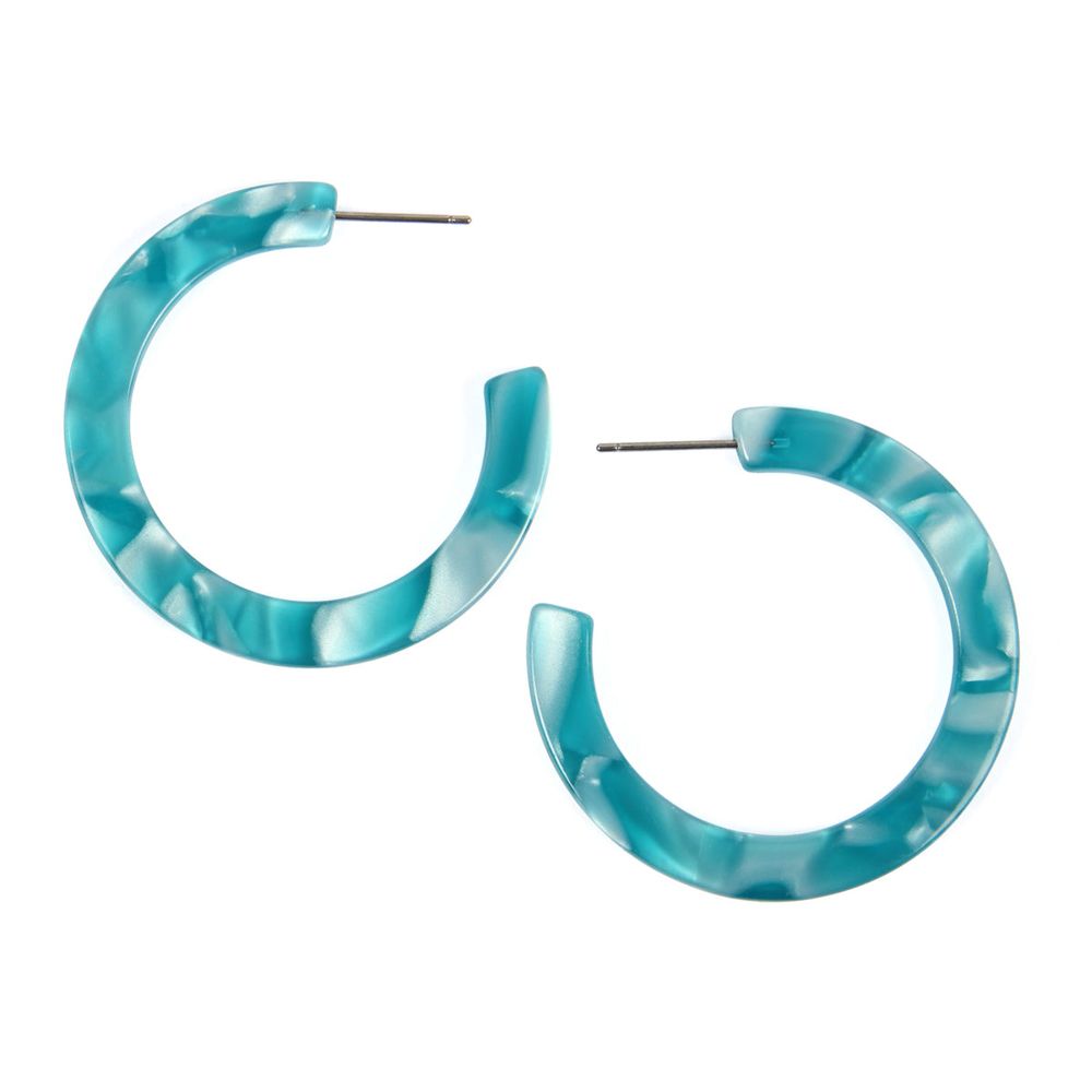 A pair of 1.5-inch colorful post hoop resin earrings in various vibrant colors, showcasing their lightweight and stylish design.