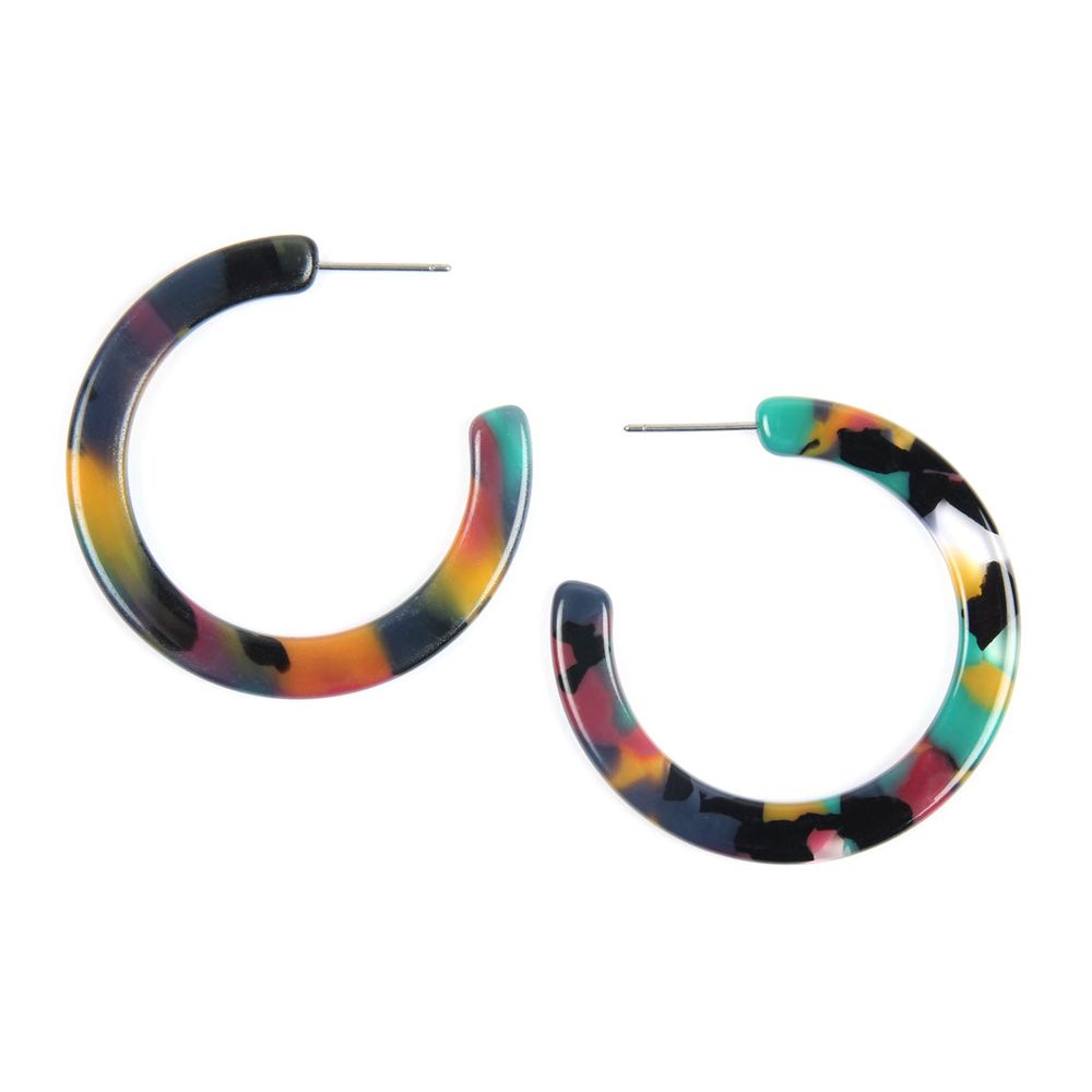 A pair of 1.5-inch colorful post hoop resin earrings in various vibrant colors, showcasing their lightweight and stylish design.
