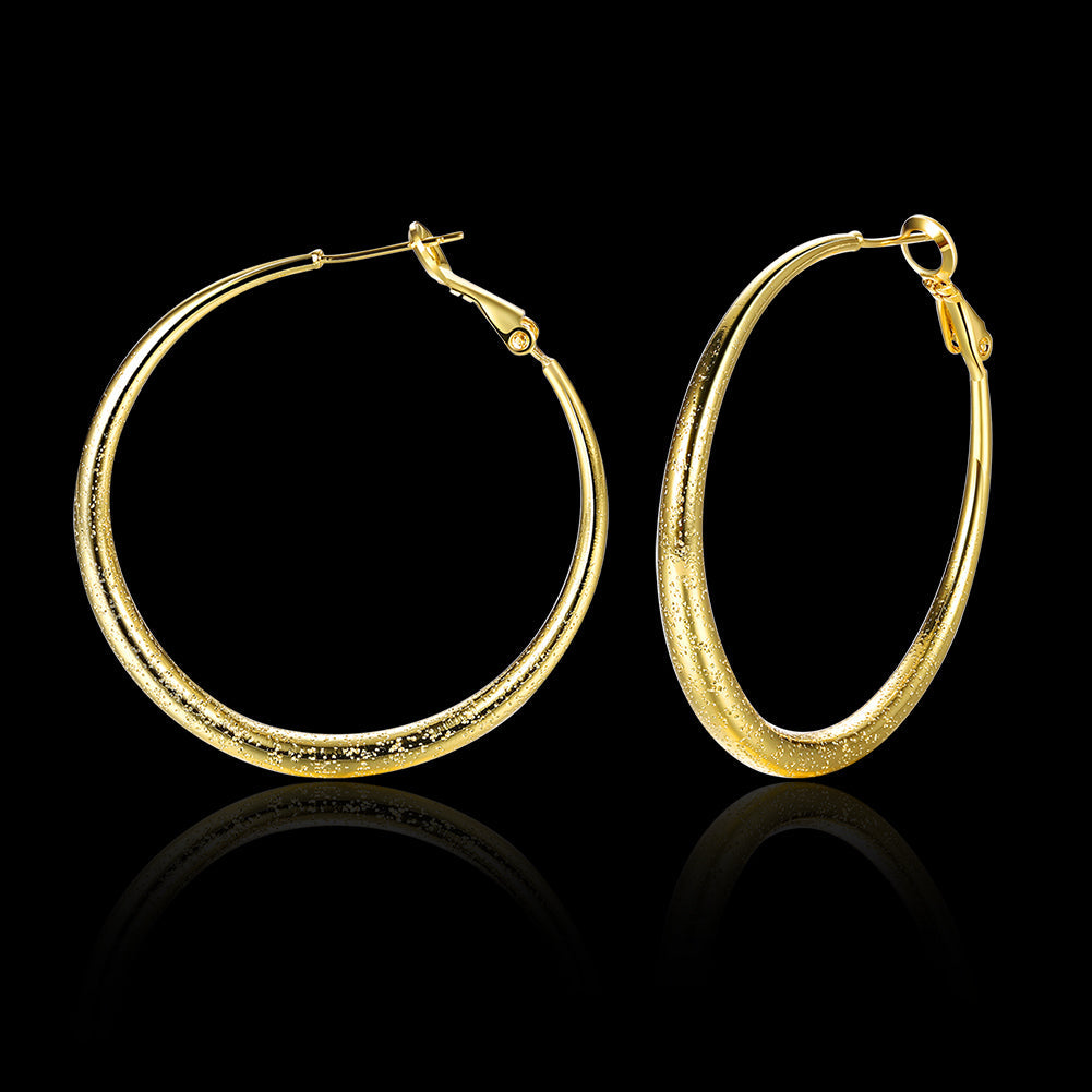 Elegant 1.6-inch round hoop earrings in 18K gold plating, showcasing a shiny finish and lightweight design, perfect for any occasion.