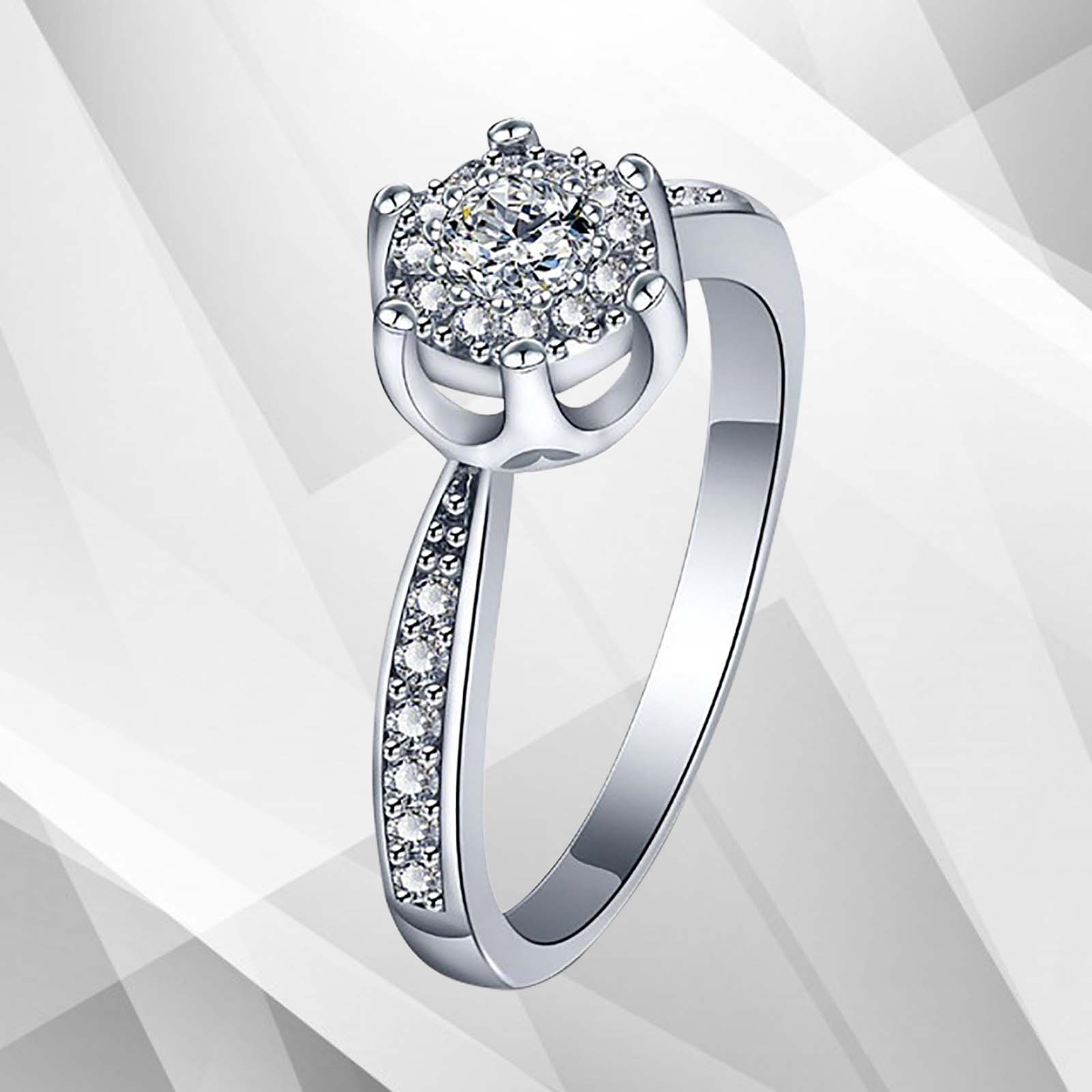 1.68Ct Round-Cut Halo Engagement Ring featuring 26 CZ diamonds set in 18Ct white gold, showcasing its elegant design and sparkling stones.